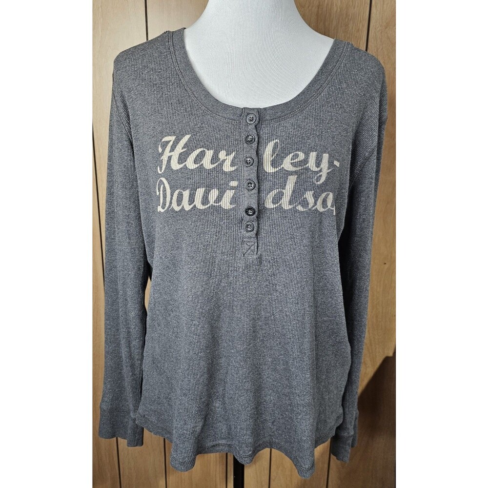 Harley Davidson Womens 1W Gray Thermal Henley Shirt Long Sleeve Motorcycle Logo - Picture 5 of 16